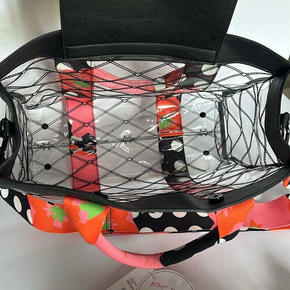 🆕 BETSEY JOHNSON Large Clear Tote Bag & Crossbody Set Black Floral Polka Dot - Picture 6 of 16